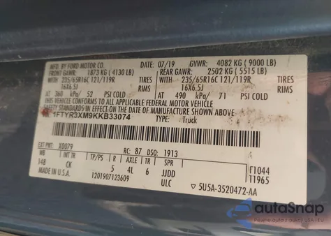 2019 Ford Transit-250 z USA, uszkodzony, nr VIN 1FTYR3XM9KKB33074